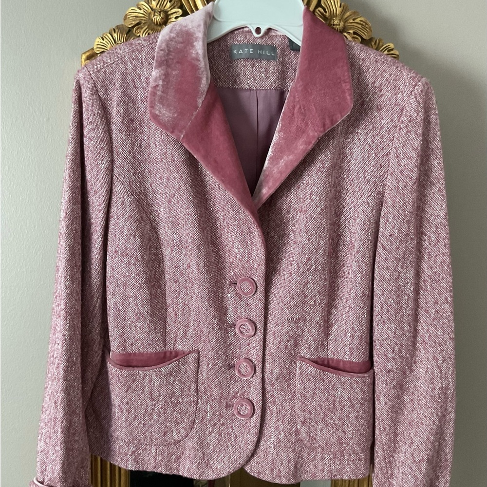 Kate Hill Pink Bouclé Tweed Wool/Rayon Blazer with velvet trim Sz 4